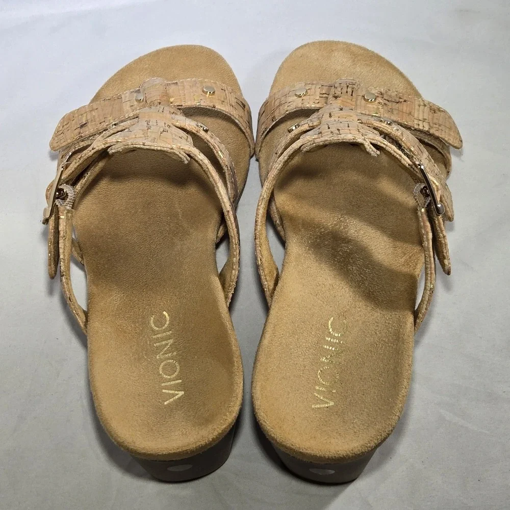 Vionic Womens Park Radia Tan Cork Gold Wedge Sandals Size 7 Comfort Shoes Straps